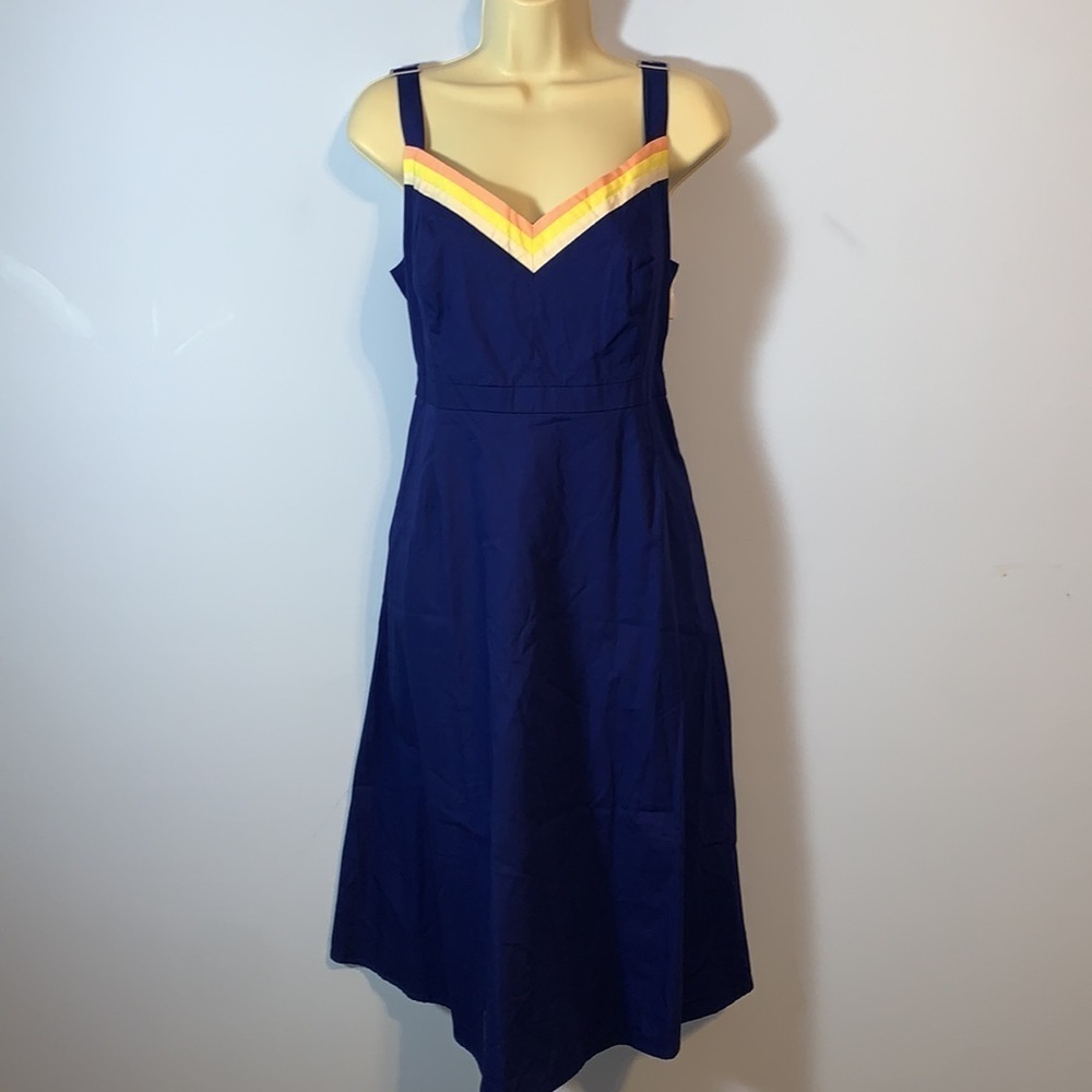 ModCloth Blue Dress vneck peach yellow white stripe bust trim fit flare 14 plus